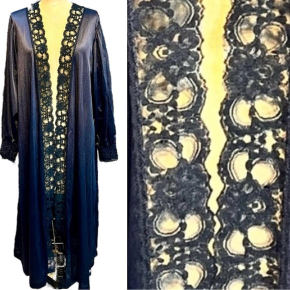 VINTAGE lace nylon long maxi peignoir dressing gown lingerie‎ robe nightgown 80s - Picture 1 of 17